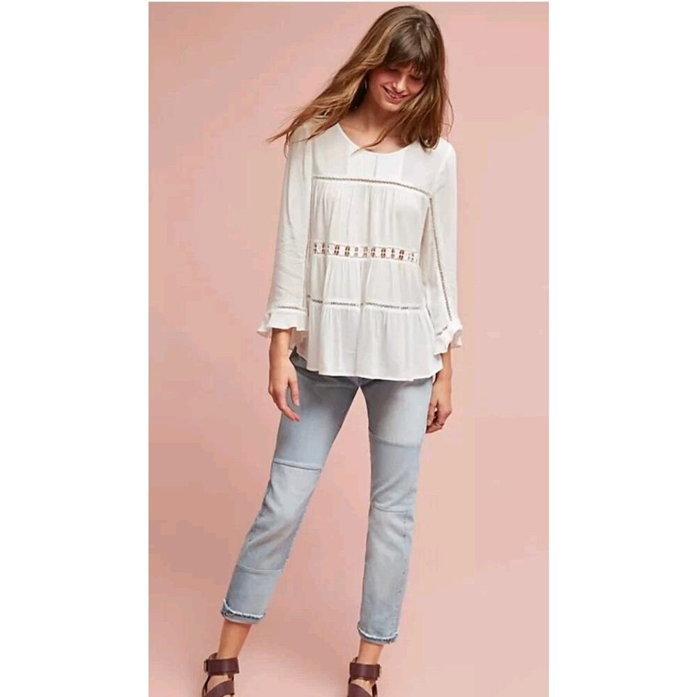 MAEVE Anthropologie Top SZ S Laban White Swing Blouse Peasant Boho Flowy